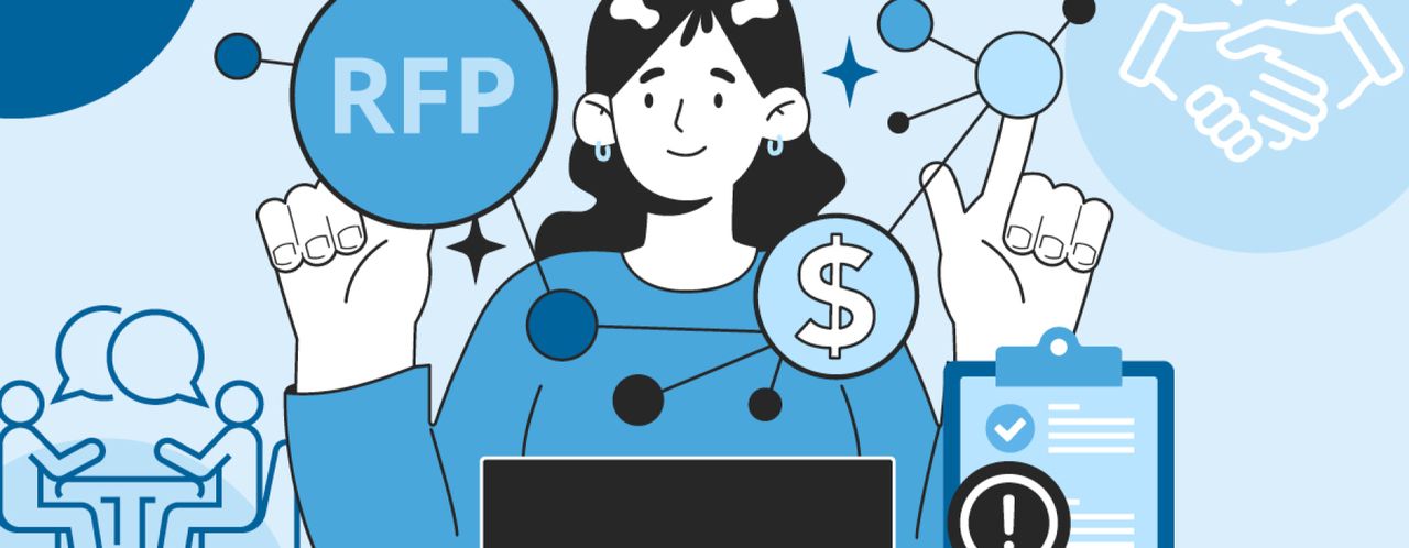 Illustration of a women surrounded by AI integrated RFP work 