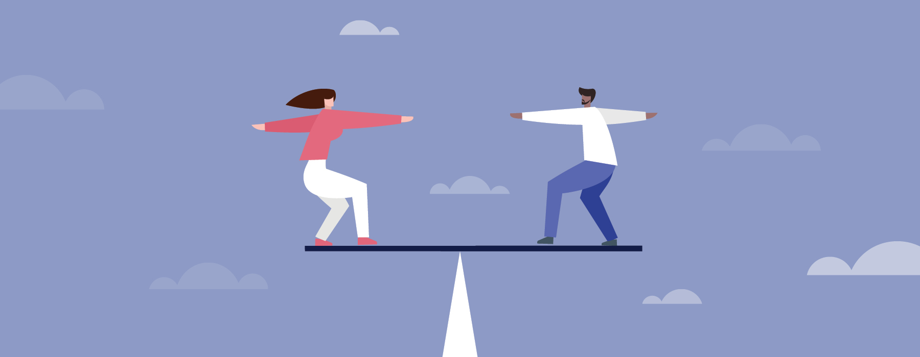 Graphic showing a women (left) and man (right) balancing each other out on a scale. The background is a blue sky with clouds dotted around.